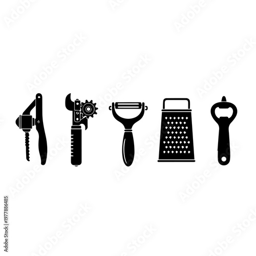 A set of black silhouette icons of essential kitchen utensils