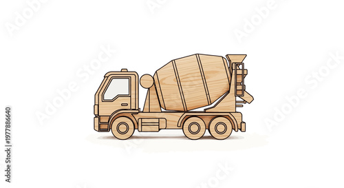 Wooden toy cement mixer truck on a white background, construction vehicle, creative craft
