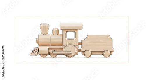 Wooden Toy Train with Wagon, Isolated on White Background, Kids Plaything, Craftsmanship