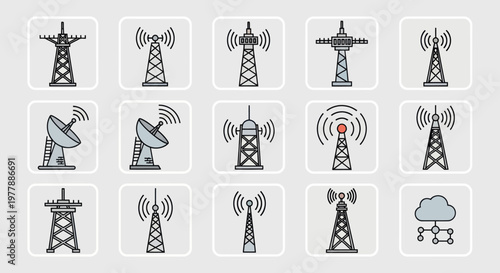 Communication Towers and Antennas Icons Set: Telecommunication, Network, Broadcast, Satellite
