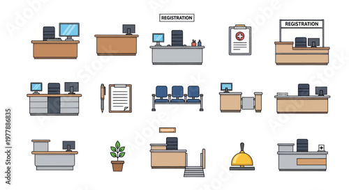 Reception Desk Icons Set: Medical, Office, Hotel Check-in, Waiting Area, Service Counters