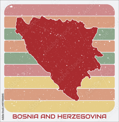 Bosnia and Herzegovina vintage logo. Shape of the country on retro colored stripes background. Bosnia and Herzegovina map design with grunge scratch texture. Vector illustration.