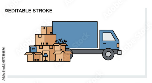 Moving Truck Loaded with Cardboard Boxes and Furniture, House Relocation Concept