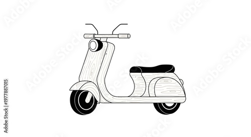 Vintage Scooter Illustration: Classic Italian Style, Retro Transport, Black and White Line Art