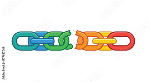 Colorful chain links broken apart with a clear separation