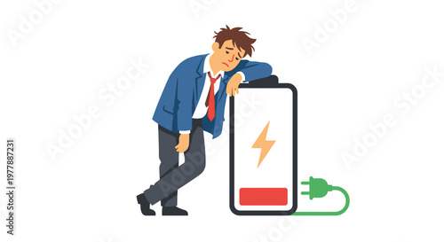 Exhausted businessman leaning on a low battery symbol with a charging cable