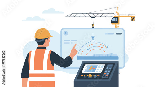 Construction Site Crane Operator Controlling Machinery via Digital Interface on a Monitor