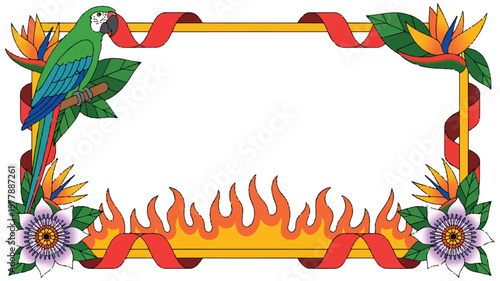 Vibrant tropical frame with a green parrot, exotic flowers, and fiery accents in a captivating flat design illustration