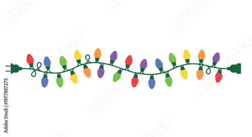 Colorful string lights with a green cord stretch across a white background