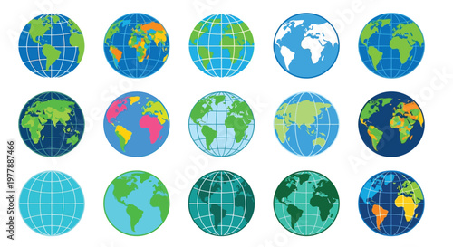 Colorful representations of earth globes arranged in a grid pattern