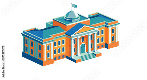 Isometric illustration of an orange and blue governmental or public building