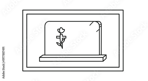 Simple Line Drawing of a Gravestone with Cross and Flower