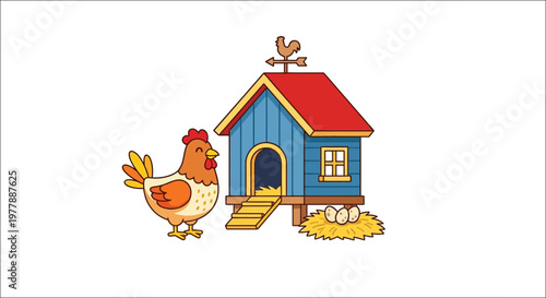 A cartoon illustration of a chicken standing near a blue chicken coop