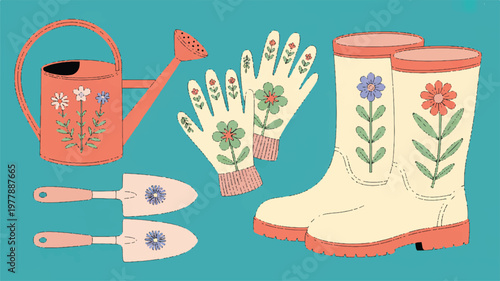 A charming flat illustration of gardening tools and apparel for a day of outdoor work