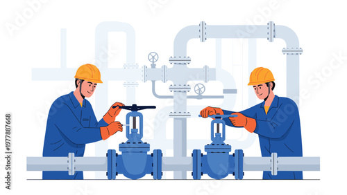 Professional industrial workers in protective hard hats operating manual valves on complex network of metal pipes.
