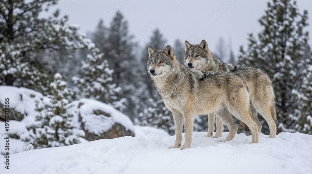 Fototapeta premium Grey or Timber Wolves (Canis lupus) in the snow, outdoor enclosure, Nation park Bayerischer Wald, Bavarian Forest National Park, Bavaria, Germany