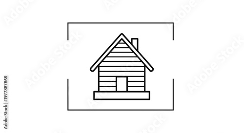 Simple Line Art Icon of a Wooden Cabin House with Chimney, Isolated on White Background