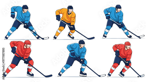 Professional ice hockey players set featuring various athletic poses and different team jersey colors on white.