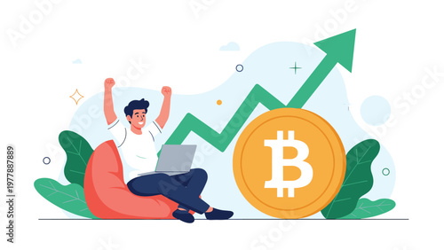 Successful cryptocurrency investor cheering with laptop next to large bitcoin coin and green upward growth arrow.