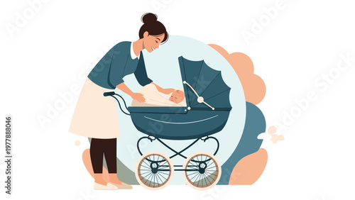 Loving mother looking down with smile at her newborn baby sleeping comfortably in blue stroller or baby carriage.