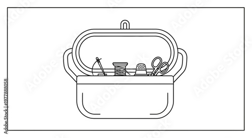 Sewing Kit Open with Needle, Thread, Thimble, and Scissors - Line Art Illustration
