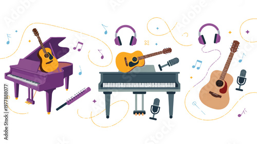 Flat design illustration of musical instruments and audio gear for creative sound production and artistic expression