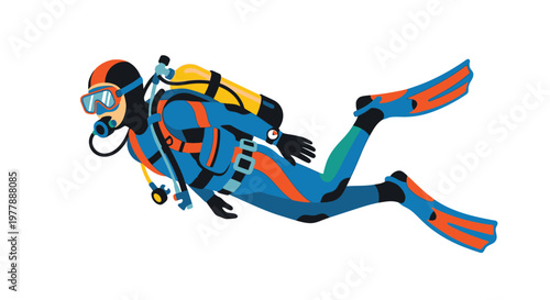 Cartoon illustration of scuba divers in various poses and wetsuit colors