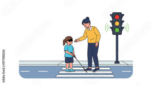 Helpful woman guiding blind young girl with cane across pedestrian crosswalk with accessible traffic light signal.