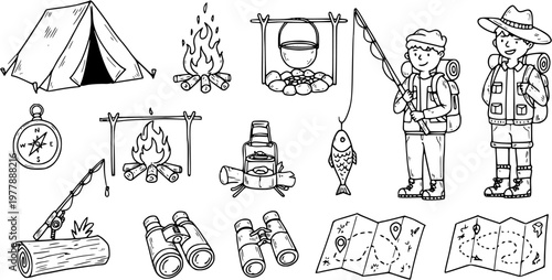 Black and White Line Art Camping and Hiking Gear Icon Set