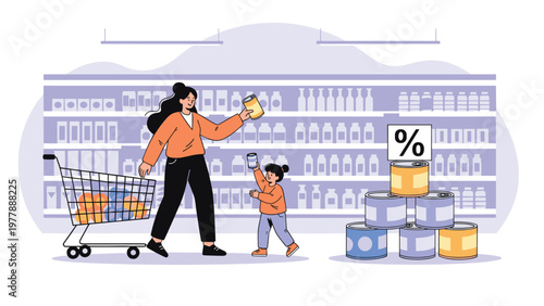 Mother and daughter choosing canned goods together in supermarket aisle with promotional percentage discount sign.