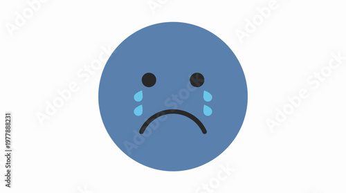 A simple blue crying emoji face with two tears falling, expressing sadness or distress on a white background.