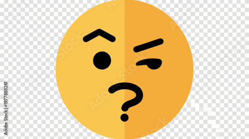 A yellow emoji face displaying a confused and questioning expression with a raised eyebrow and a question mark symbol.