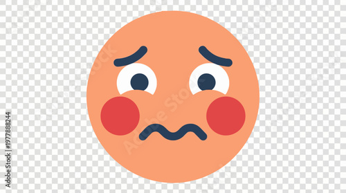 A cartoon illustration of an orange worried face emoji with downturned eyebrows, wide eyes, a wavy mouth, and red blush on its cheeks, set against a transparent background.