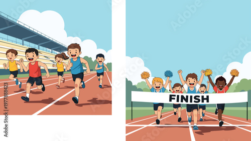Young children competing in track race and crossing finish line with cheers and celebration at school sports day.