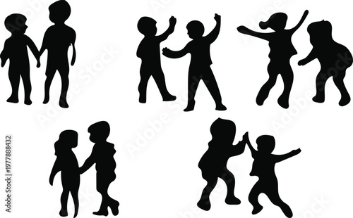 Black silhouettes of children playing and jumping, isolated on white background, Vector illustration of group of kids having fun and dancing together.