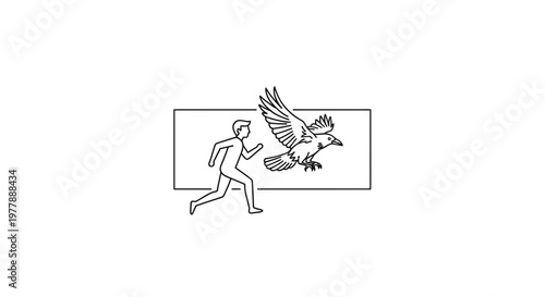Man Running From Aggressive Bird of Prey in Graphic Style