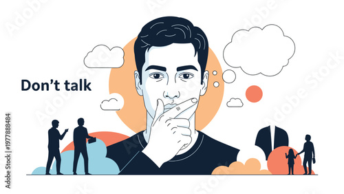 Concept of silence with large portrait of man gesturing to keep quiet surrounded by people talking and families.