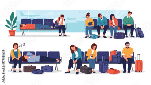 Tired travelers sleeping on benches and waiting for flights with luggage in busy airport terminal gate area.