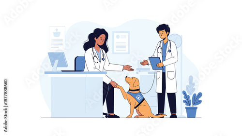 Professional veterinarians in white coats examining service dog in medical clinic with computer and documents.