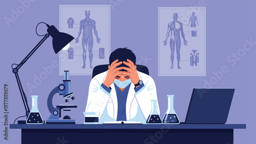Stressed medical researcher in lab coat and face mask sitting at desk with microscope and head in his hands.