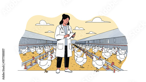 Female veterinarian in lab coat checking health of white chickens in large modern poultry farm barn with clipboard.