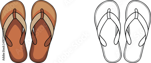 Flip flop illustration & outline set isolated on transparent background