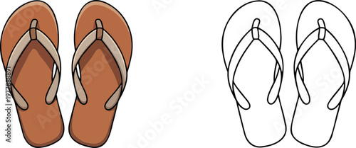 Flip flop illustration & outline set isolated on transparent background