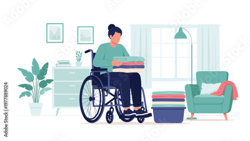 Woman in a wheelchair efficiently organizing folded laundry in her living room, demonstrating independence at home.