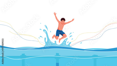 Happy young boy jumping enthusiastically into blue water during a fun summer day at the swimming pool or beach.
