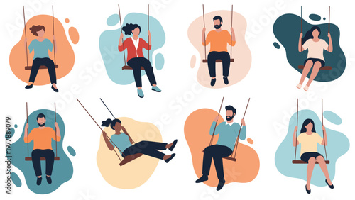 Diverse group of men and women enjoying their time on swings, symbolizing freedom and outdoor leisure activities.