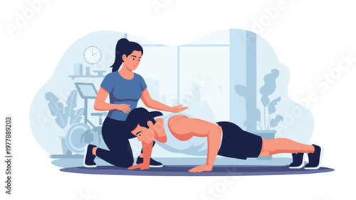 Professional female personal trainer assisting a man during his push-up exercise in a modern gym environment.