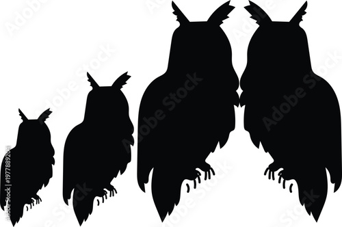 Black silhouettes of owls sitting in various sizes, isolated on white background, Vector illustration of nocturnal birds for wisdom and nature concepts.