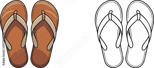 Flip flop illustration & outline set isolated on transparent background