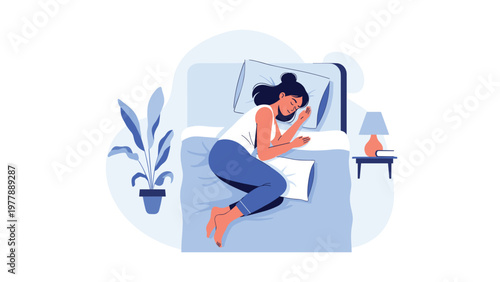 Peaceful young woman sleeping comfortably in her bed in a cozy bedroom with soft blue colors and a houseplant.